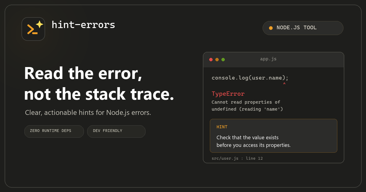 hint-errors: plain-English hints for Node.js stack traces